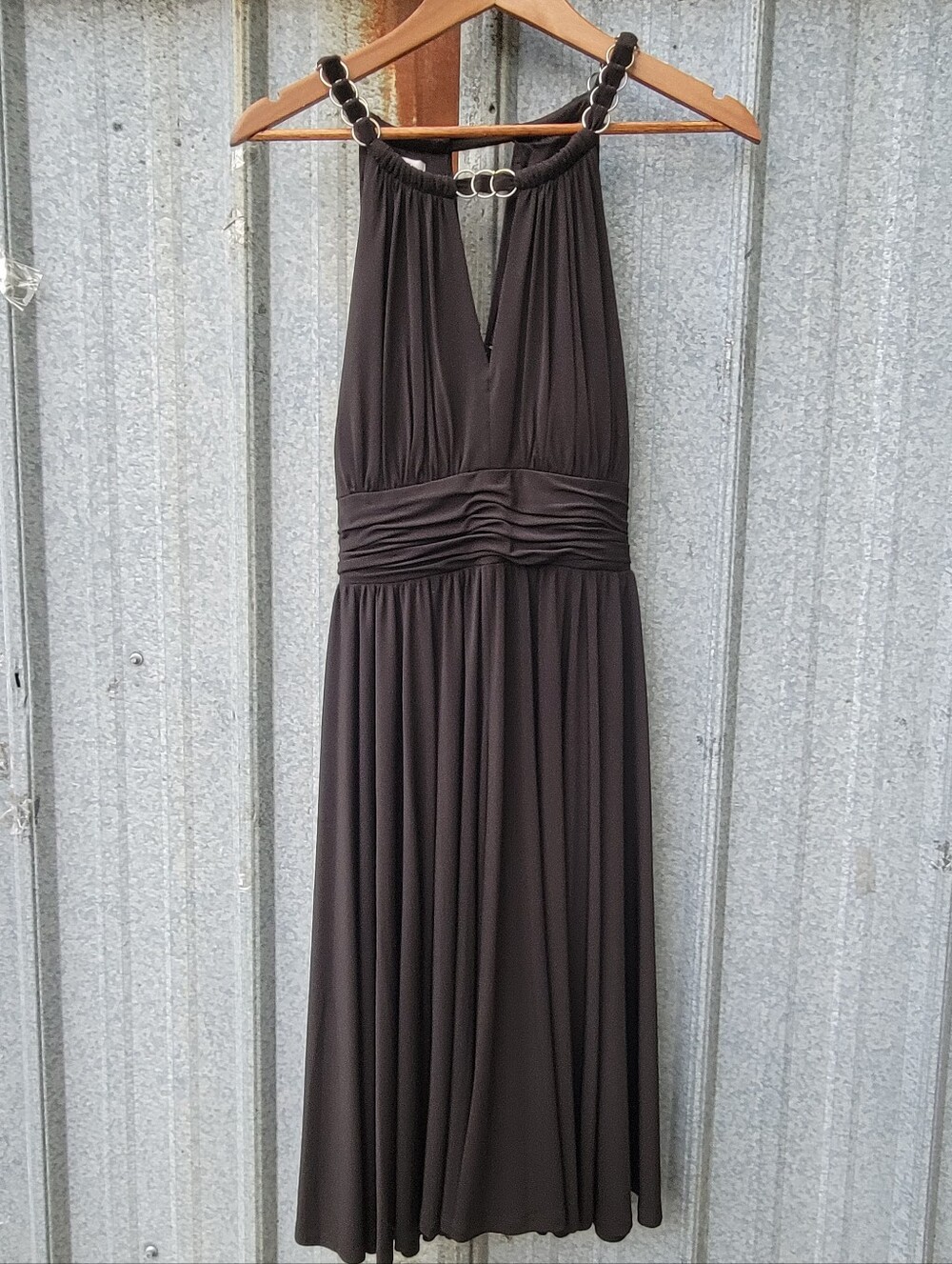 Sleeveless Black Halter Midi Dress with Ruched Waist & Full Skirt